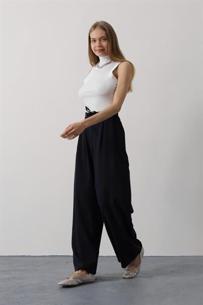 Pileli Bağcıklı Oversize Pantolon - Lacivert