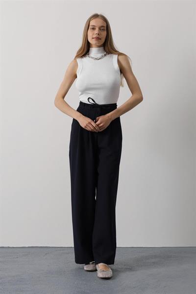 Pileli Bağcıklı Oversize Pantolon - Lacivert
