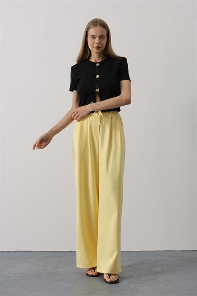 Pileli Bağcıklı Oversize Pantolon - Sarı