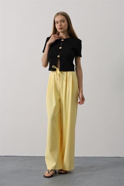 Pileli Bağcıklı Oversize Pantolon - Sarı