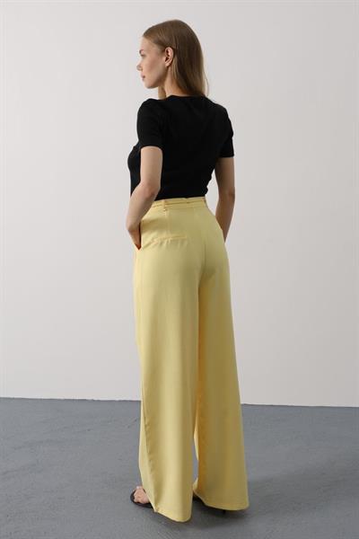 Pileli Bağcıklı Oversize Pantolon - Sarı