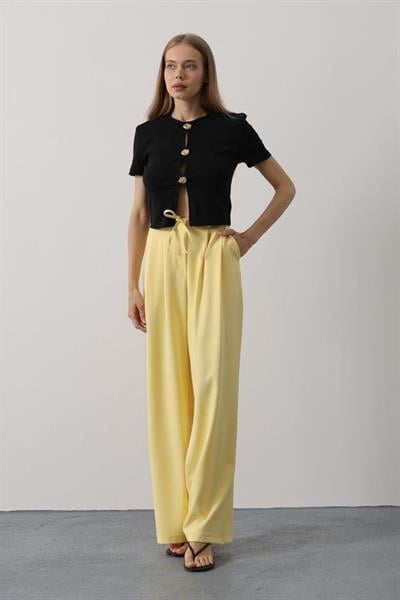 Pileli Bağcıklı Oversize Pantolon - Sarı
