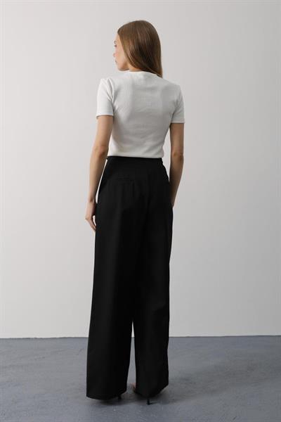 Pileli Bağcıklı Oversize Pantolon - Siyah