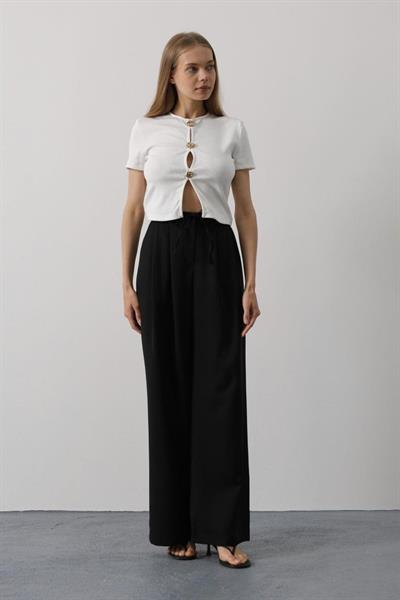 Pileli Bağcıklı Oversize Pantolon - Siyah
