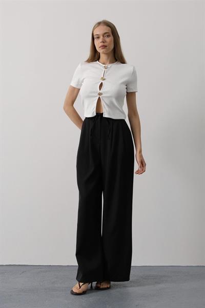 Pileli Bağcıklı Oversize Pantolon - Siyah