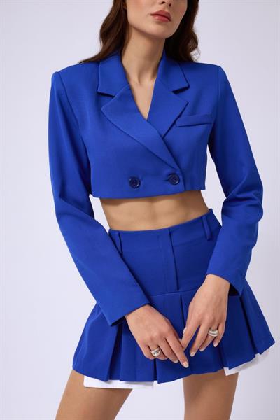 Pileli Etek Crop Ceket Takım