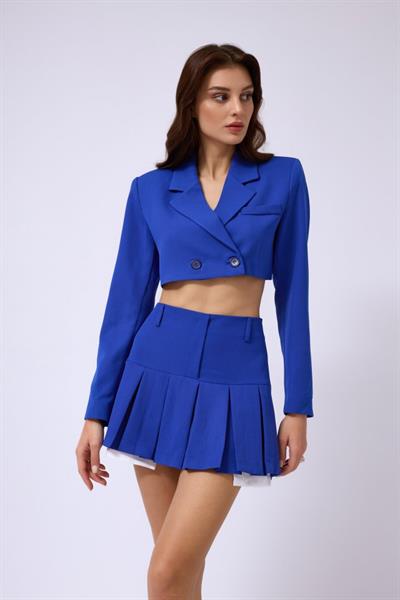 Pileli Etek Crop Ceket Takım