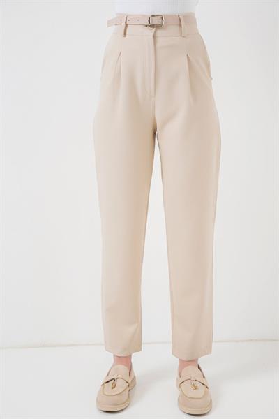 Pileli Kemerli Kumaş Pantolon 6725 - Krem