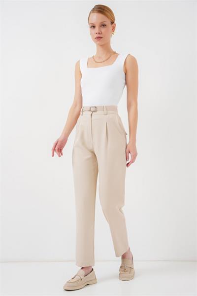 Pileli Kemerli Kumaş Pantolon 6725 - Krem