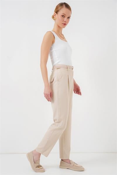 Pileli Kemerli Kumaş Pantolon 6725 - Krem