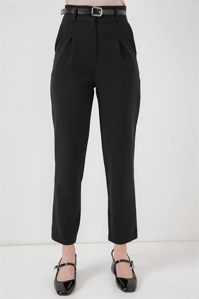 Pileli Kemerli Kumaş Pantolon 6725 - Siyah