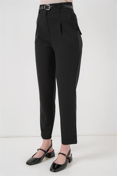 Pileli Kemerli Kumaş Pantolon 6725 - Siyah