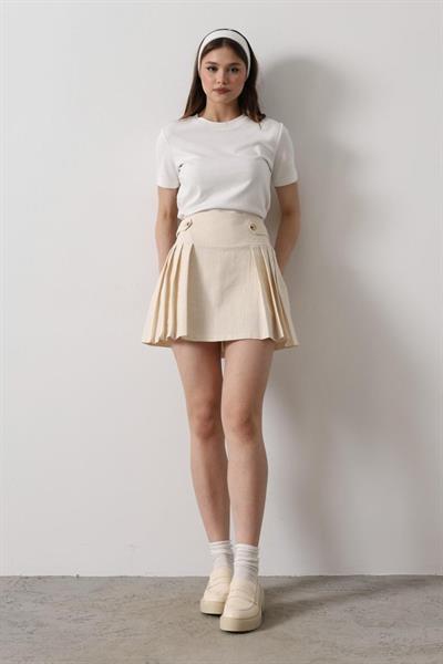 Pileli Mini Etek - Ekru