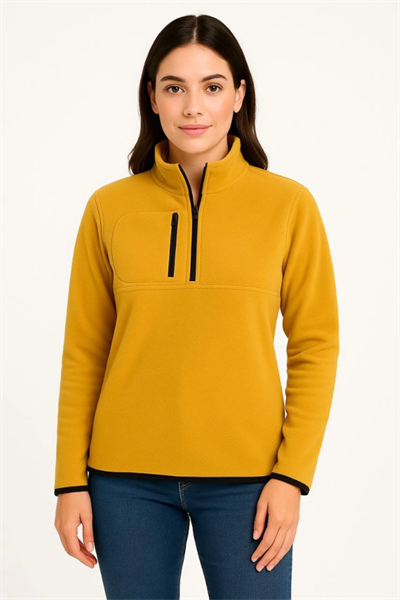 Polar Kazak – Dik Yaka, Yarım Fermuarlı, Fermuarlı Göğüs Cepli, Siyah Biyeli, Kışlık Rahat Regular Fit Günlük Model - Sarı