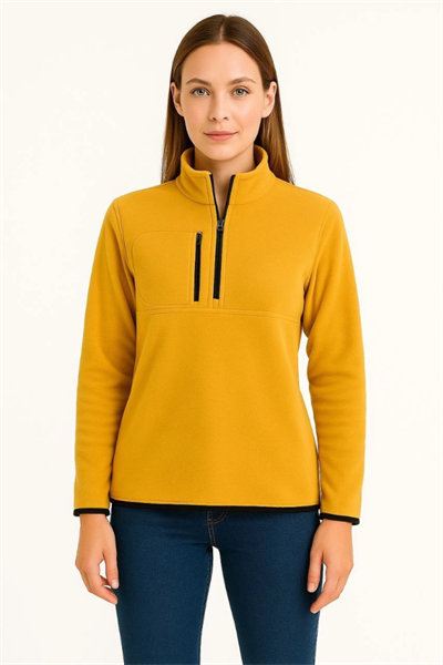 Polar Kazak – Dik Yaka, Yarım Fermuarlı, Fermuarlı Göğüs Cepli, Siyah Biyeli, Kışlık Rahat Regular Fit Günlük Model - Sarı