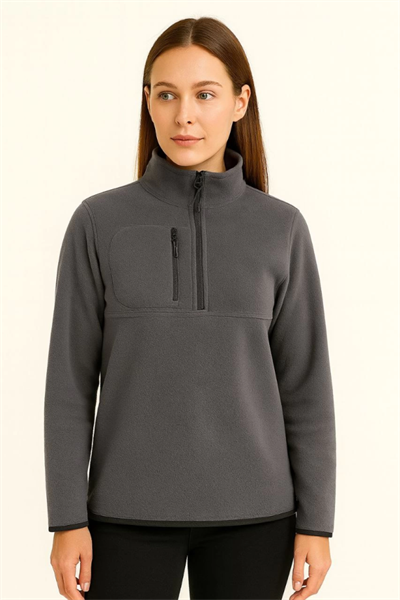 Polar Kazak – Dik Yaka, Yarım Fermuarlı, Fermuarlı Göğüs Cepli, Siyah Biyeli, Kışlık Rahat Regular Fit Günlük Model - Füme