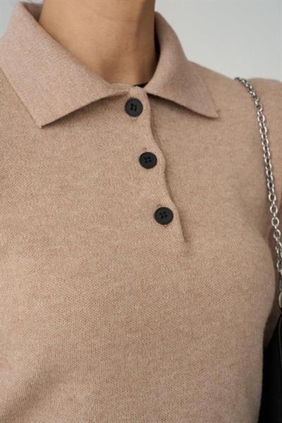 Polo Yaka 3 Düğmeli Kazak - Camel