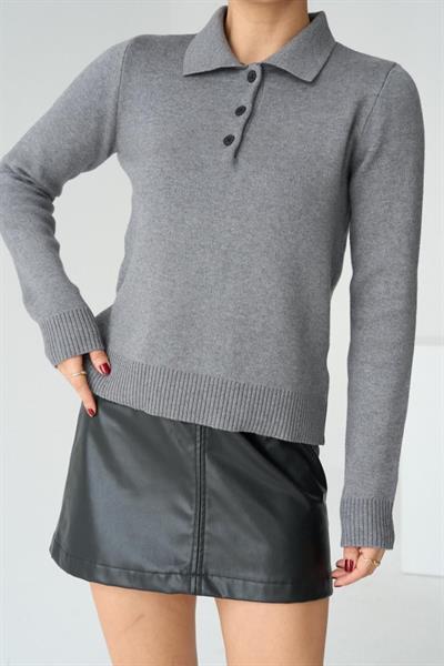 Polo Yaka 3 Düğmeli Kazak - Gri