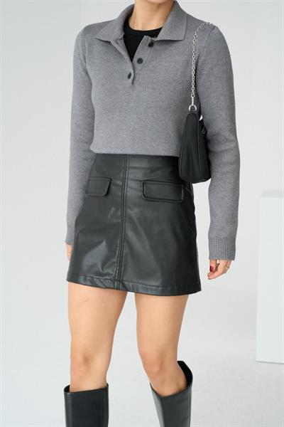 Polo Yaka 3 Düğmeli Kazak - Gri