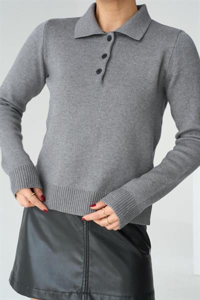 Polo Yaka 3 Düğmeli Kazak - Gri