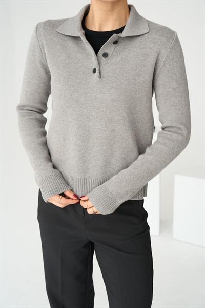 Polo Yaka 3 Düğmeli Kazak - Orta Gri