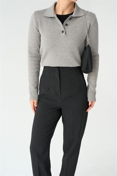 Polo Yaka 3 Düğmeli Kazak - Orta Gri