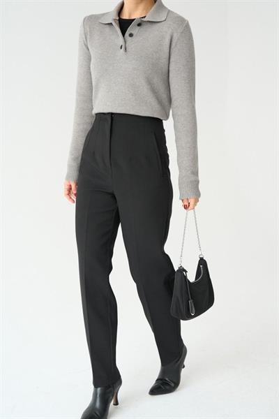 Polo Yaka 3 Düğmeli Kazak - Orta Gri