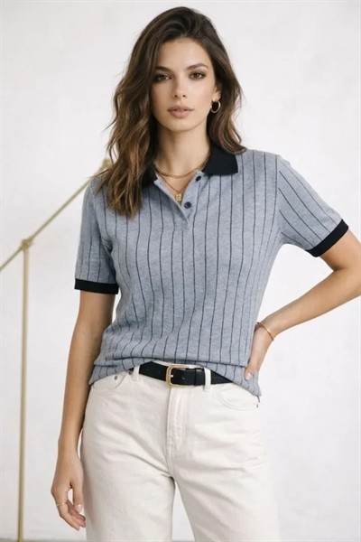 Polo Yaka Çizgili Tişört Kısa Kol Düğmeli Yazlık T-Shirt - Bebek Mavisi