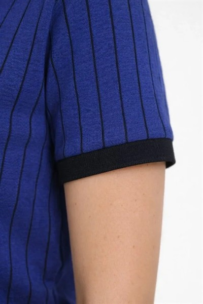 Polo Yaka Çizgili Tişört Kısa Kol Düğmeli Yazlık T-Shirt - Saks Mavisi