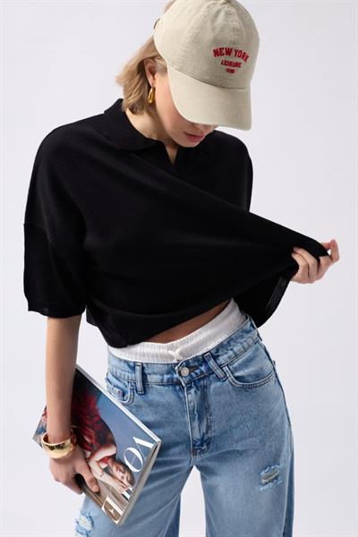 Polo Yaka Crop Dokulu Bluz