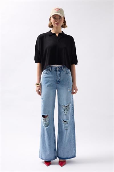 Polo Yaka Crop Dokulu Bluz