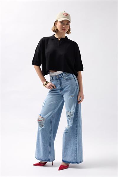 Polo Yaka Crop Dokulu Bluz