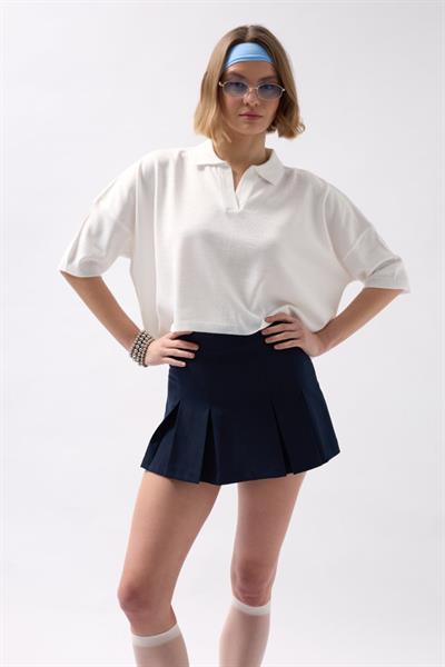 Polo Yaka Crop Dokulu Bluz