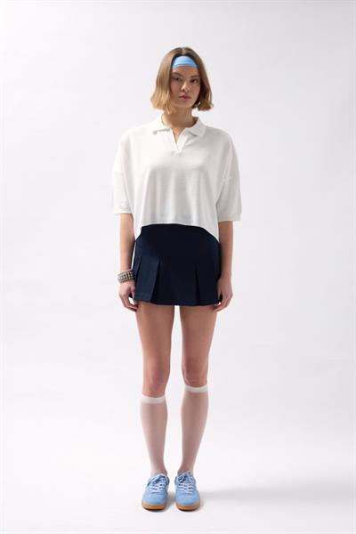 Polo Yaka Crop Dokulu Bluz