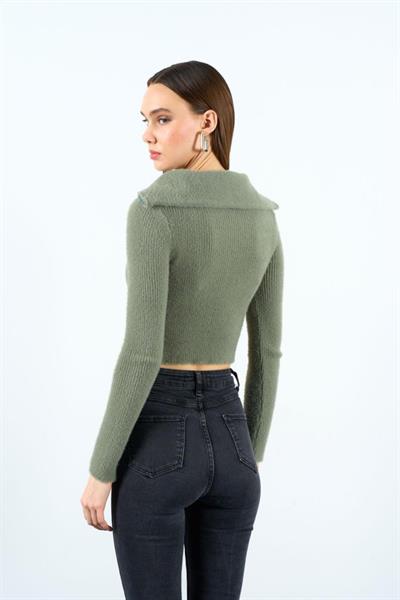 Polo Yaka Fermuarlı Crop Kazak - Haki