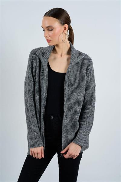 Polo Yaka Fermuarlı Hırka - Siyah-Krem