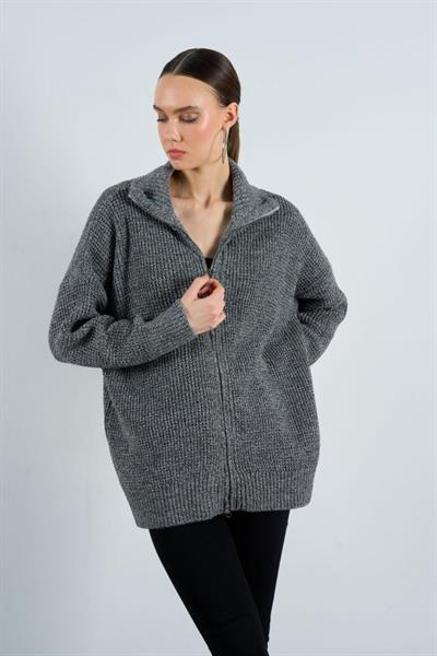 Polo Yaka Fermuarlı Hırka - Siyah-Krem