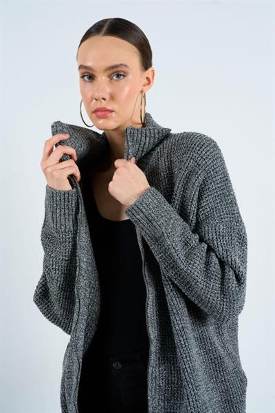 Polo Yaka Fermuarlı Hırka - Siyah-Krem