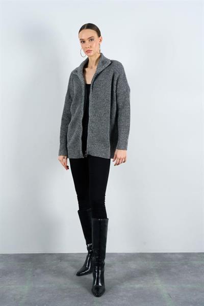 Polo Yaka Fermuarlı Hırka - Siyah-Krem