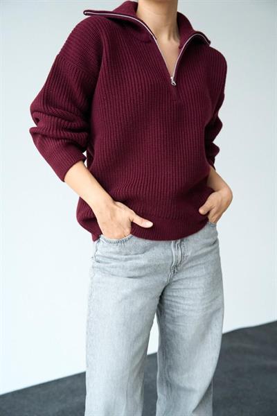 Polo Yaka Fermuarlı Kazak - Bordo