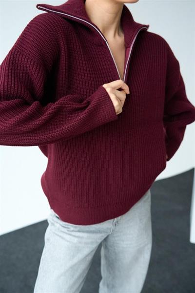 Polo Yaka Fermuarlı Kazak - Bordo