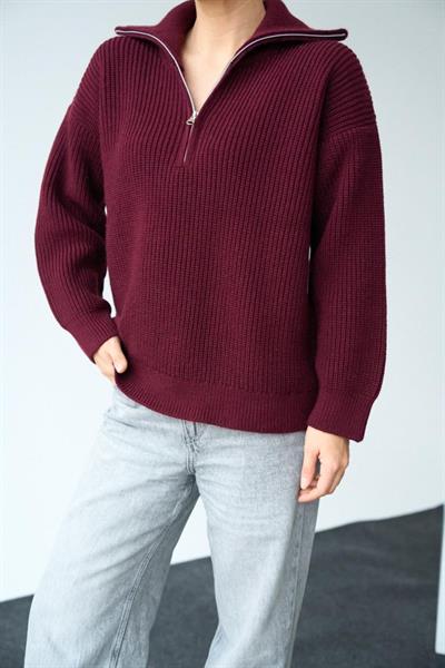 Polo Yaka Fermuarlı Kazak - Bordo