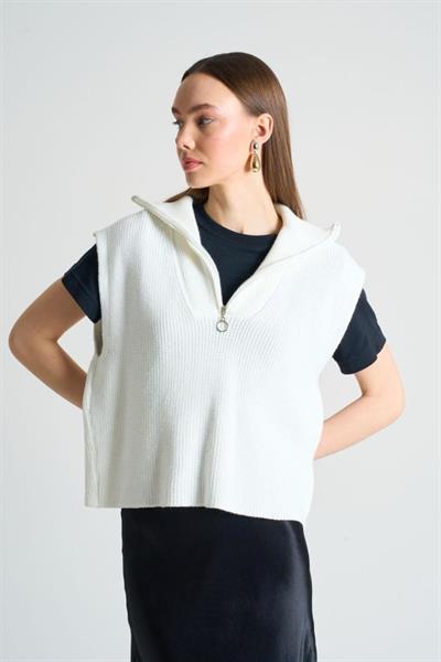 Polo Yaka Fermuarlı Süveter - Ekru