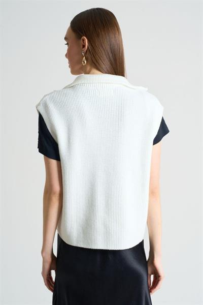 Polo Yaka Fermuarlı Süveter - Ekru