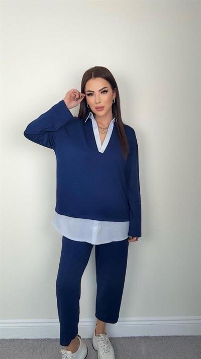 Polo Yaka Gömlekl Detay Salaş Balon Pantolunlu ıkılı Takım