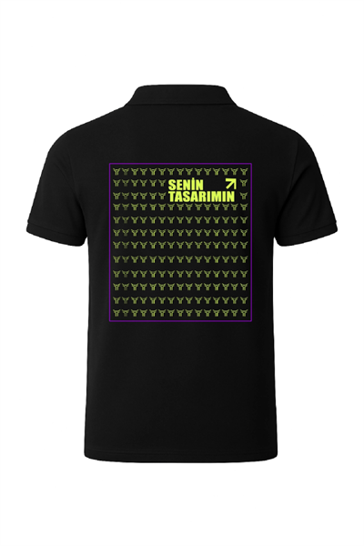 Polo Yaka Ön Arka Sizin Tasarımınız Pike Peteklı Tişört - Siyah