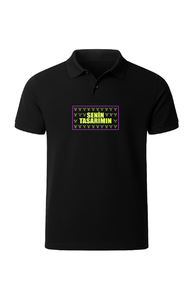 Polo Yaka Ön Arka Sizin Tasarımınız Pike Peteklı Tişört - Siyah