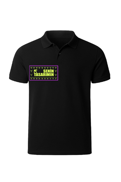Polo Yaka Ön Arka Sizin Tasarımınız Pike Peteklı Tişört - Siyah