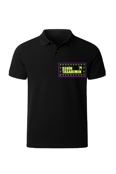 Polo Yaka Ön Sizin Tasarımınız Pike Peteklı Tişört - Siyah