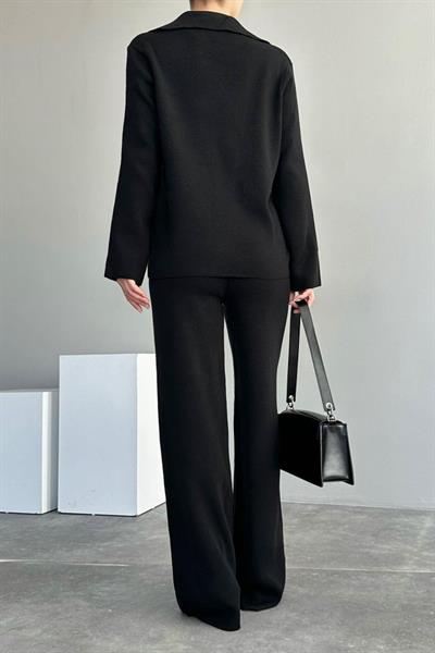 Polo Yakası Katlamalı Takım - Siyah